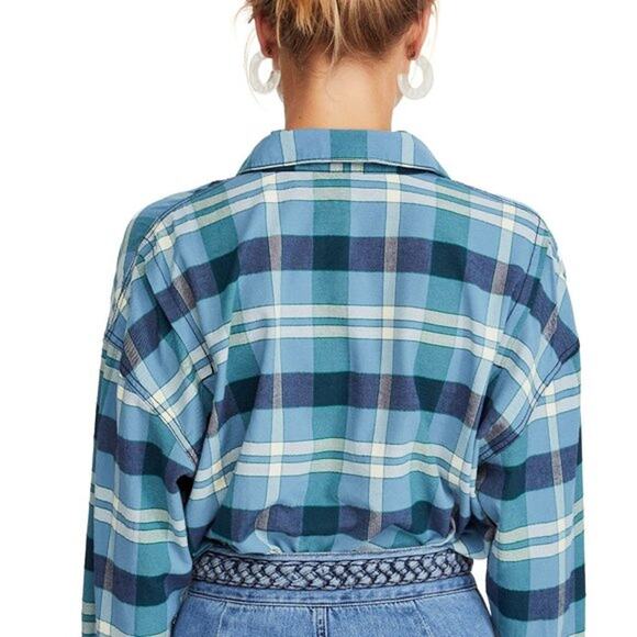 FREE PEOPLE NWT Button Up Plaid Blue Blouse Top Shirt – Small - Picture 10 of 15